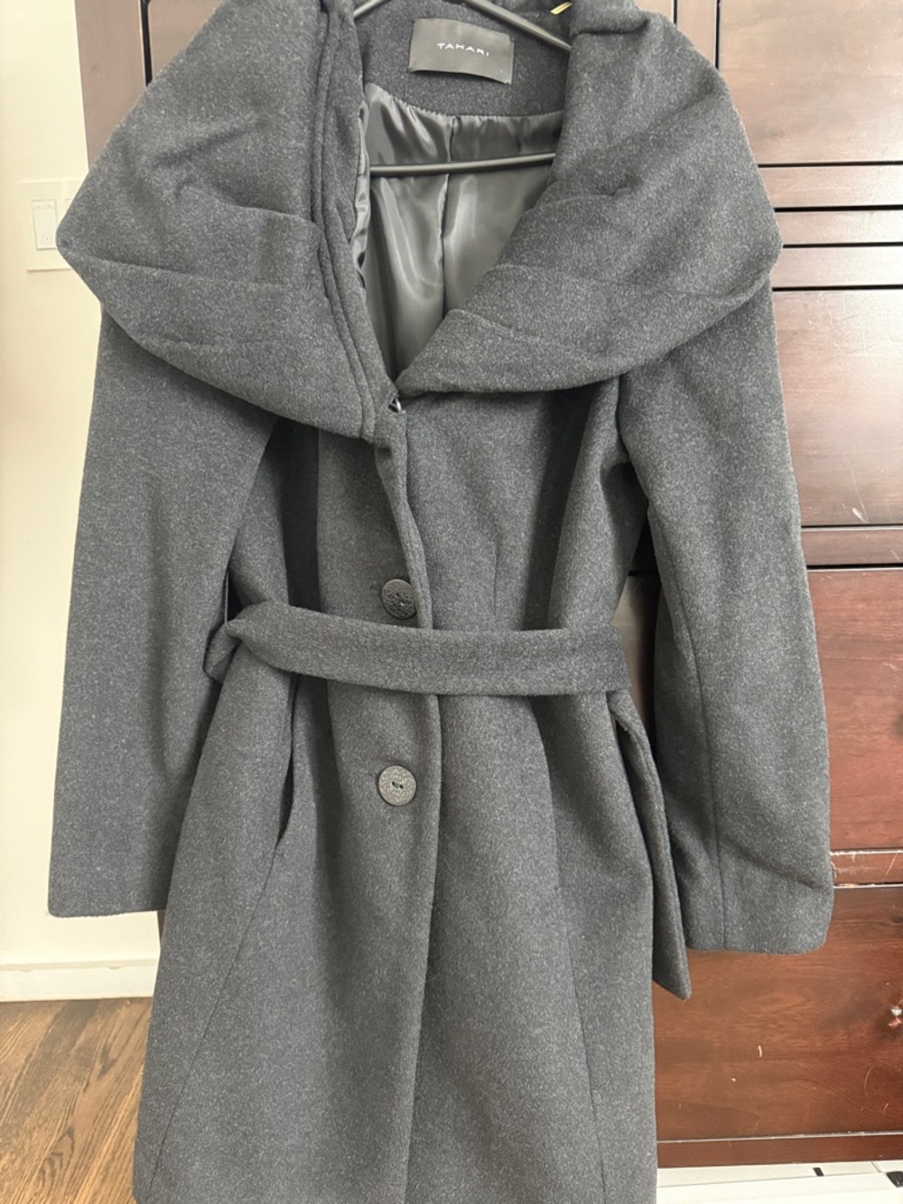 Tahari Charcoal Gray Hooded Belted Trench Coat